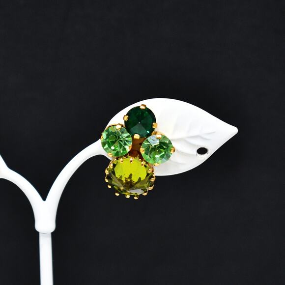 Vintage Austria Green Crystal Clip Earrings Uranium Glass Rhinestones 1950s - Picture 5 of 10